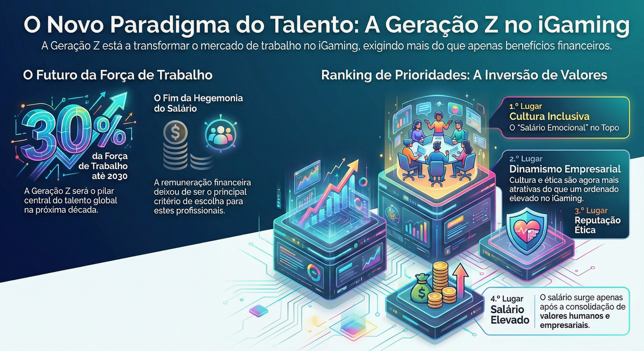 Infográfico horizontal intitulado "O Novo Paradigma do Talento: A Geração Z no iGaming". O lado esquerdo destaca que a Geração Z representará 30% da força de trabalho até 2030, marcando o "Fim da Hegemonia do Salário". O lado direito apresenta um ranking de prioridades, onde a "Cultura Inclusiva" e o salário emocional ocupam o 1.º lugar, seguidos pelo "Dinamismo Empresarial" e "Reputação Ética", com o "Salário Elevado" a aparecer apenas em 4.º lugar. O design utiliza ícones 3D isométricos e cores futuristas em tons de azul néon e roxo sobre fundo escuro.